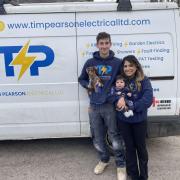BUSINESS: Tim Pearson with his fiancé, Jasmin Sharif, their baby girl, Lillie and dog, Jasper