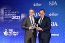 News & Star's Jon Colman accepting his award at the Sports Journalism Awards 2023