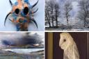 (Top L-R)  Wooded Spirit Mask by Kate Davies, Brathay Reflections by Trev Eales, a painting by Joan Keerie, owl painting by Marina Simpson