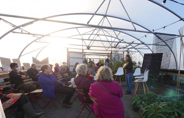 In Cumbria: Jo Reilly speaks at the socially distanced launch of Low Carbon Barrow grants at Art Gene’s Allotment Soup.